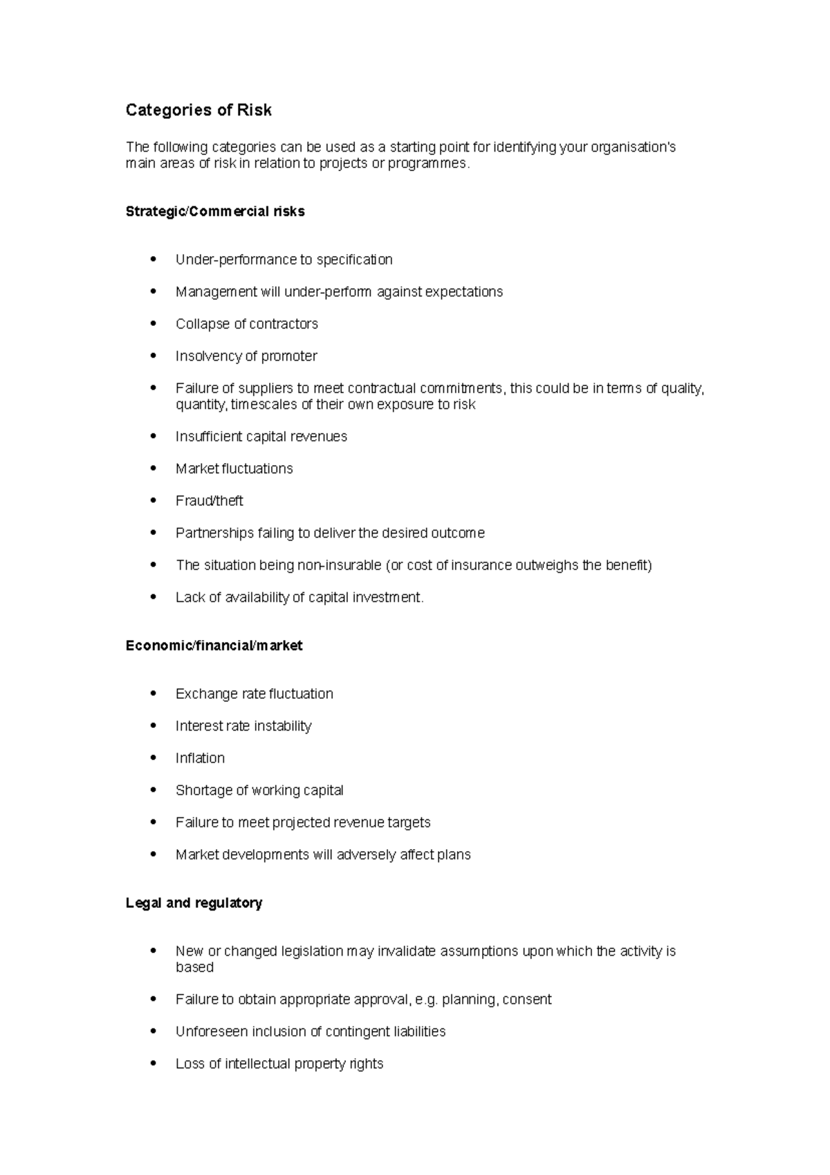 Categories of Risk for project management - Categories of Risk The ...