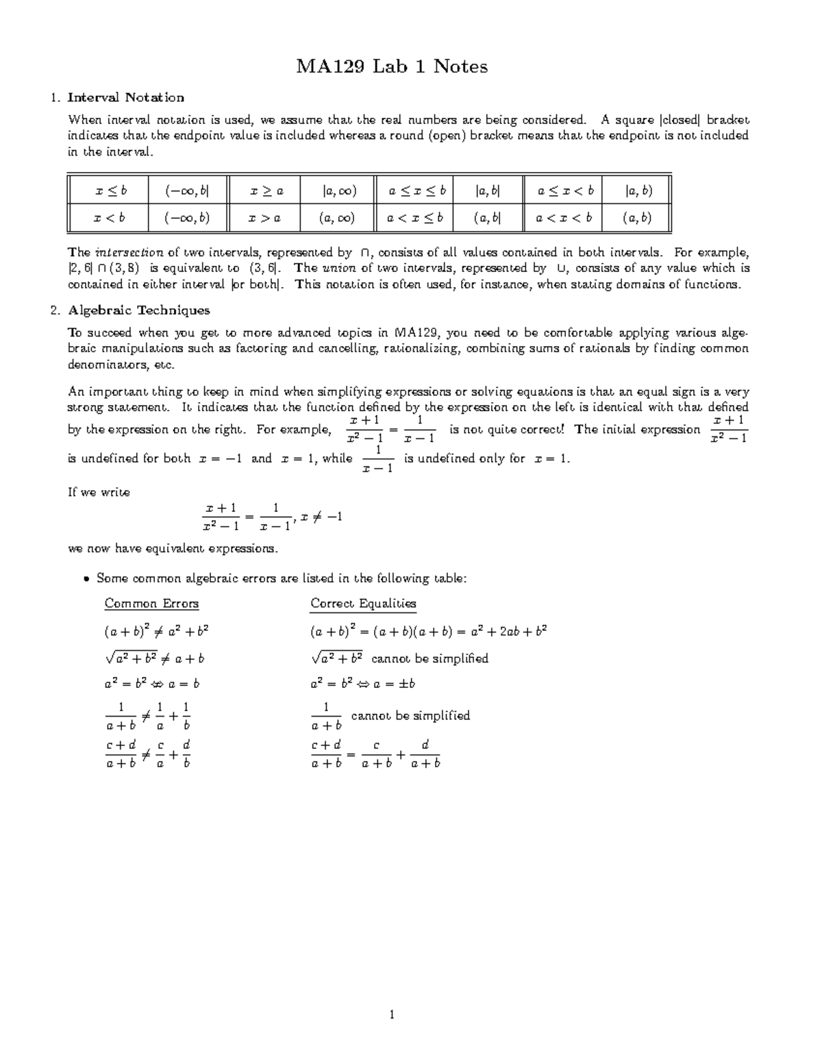 Lab1Prep - help for prep lab - MA129 Lab 1 Notes Interval Notation When ...
