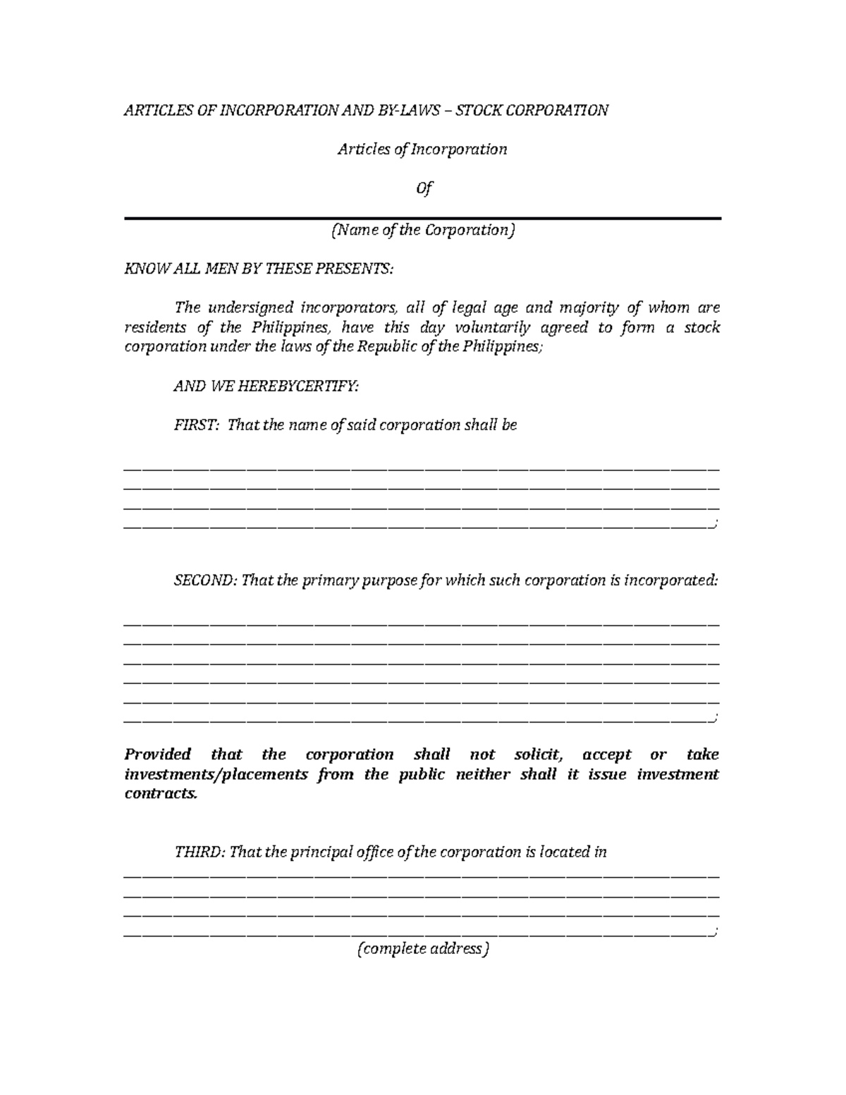 Articles of Incorporation By laws and Treasurers Affidavit for stock ...