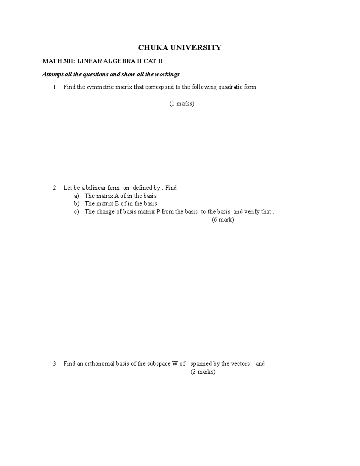 Math 301 cat 2 2022 cat paper chuka university math 301 linear