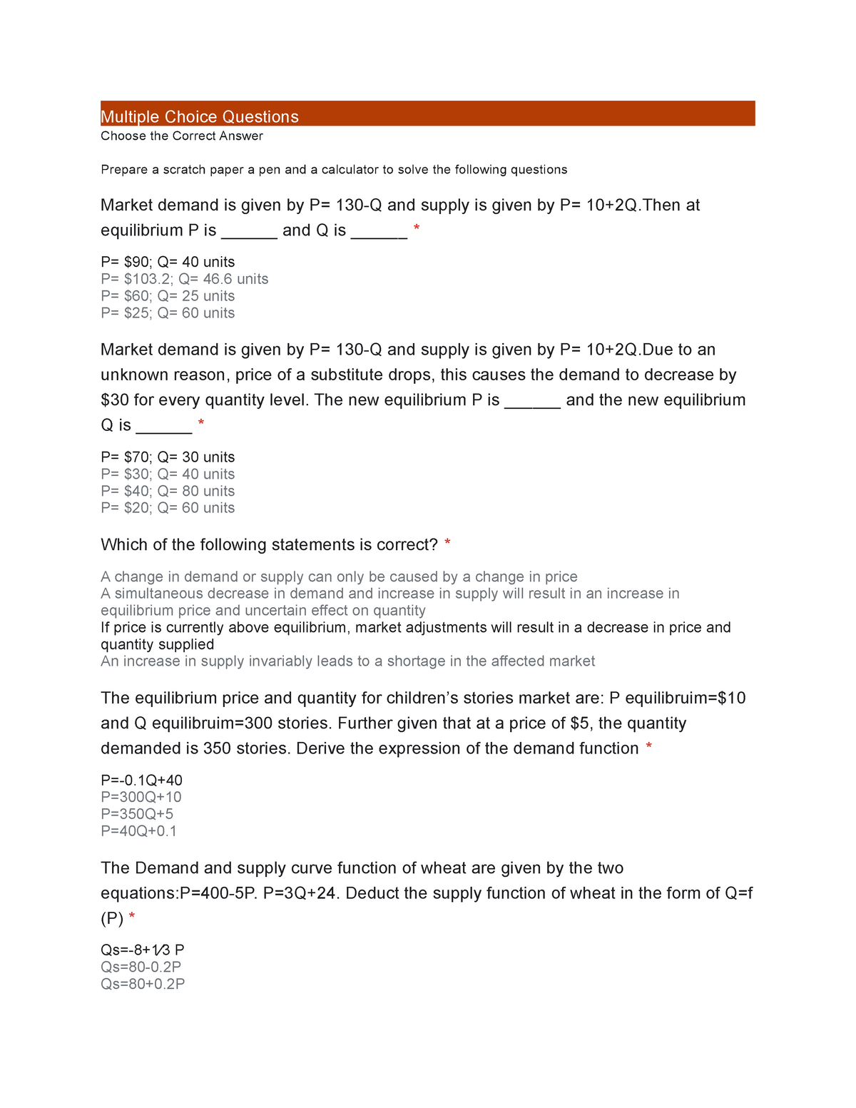 Some Intermediate Microeconomics Exam Questions 1 - Multiple Choice ...