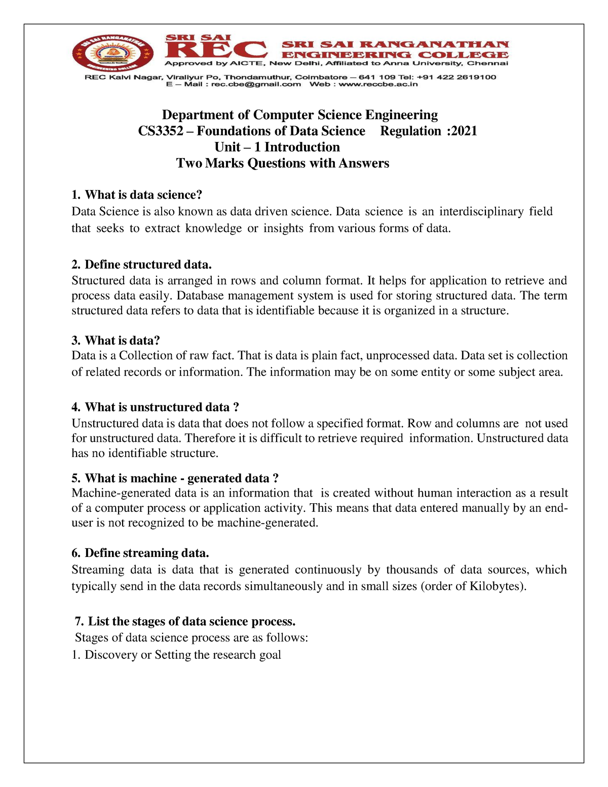 FDS - 2 Marks - Department Of Computer Science Engineering CS3352 ...