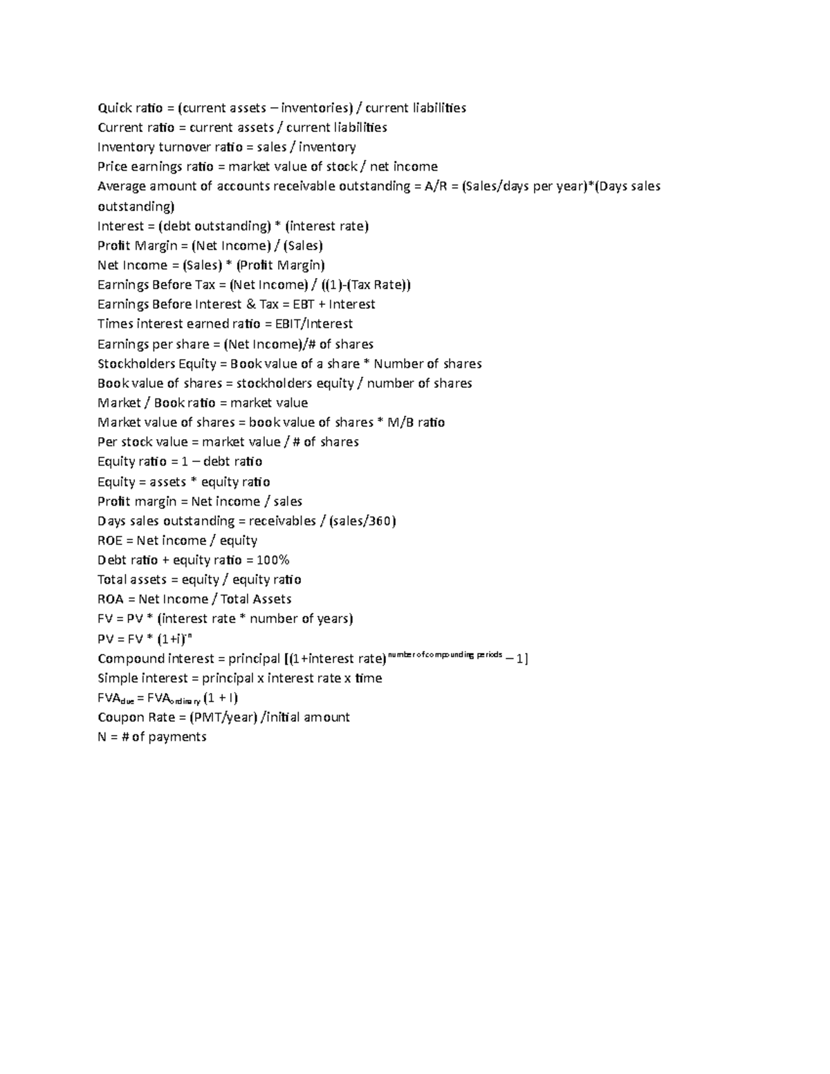 FIN formula sheet - Quick ratio (current assets inventories) current ...