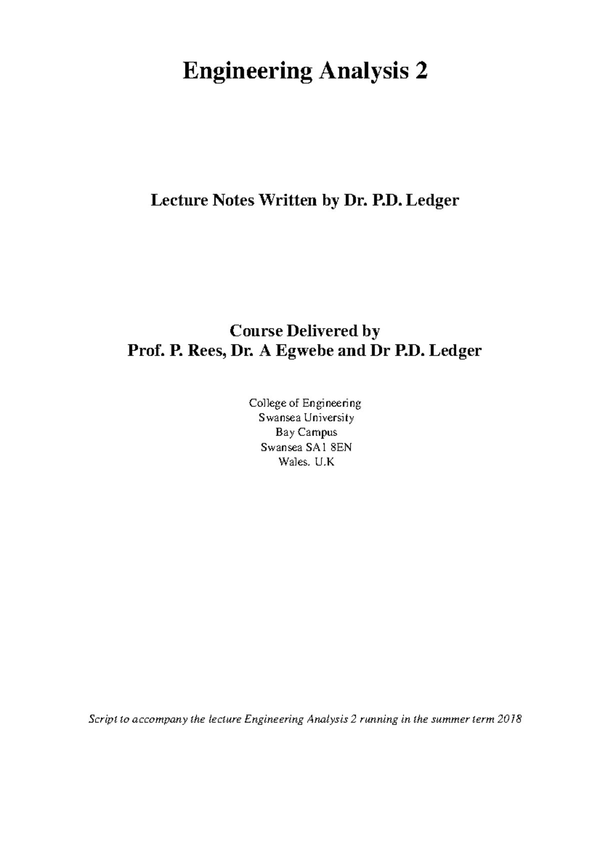 EG190 Engineering Analysis 2 - Engineering Analysis 2 Lecture Notes ...