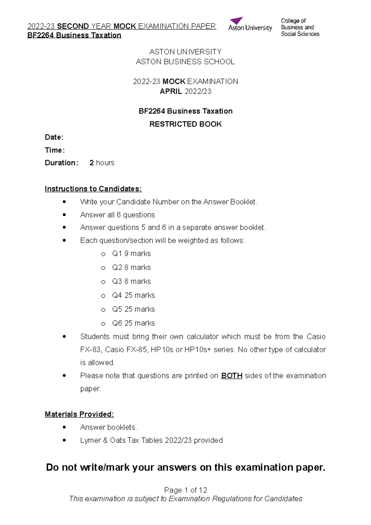 Mock Exam A FA22 - Business Tax Mock Exam - BF2264 Business Taxation ...