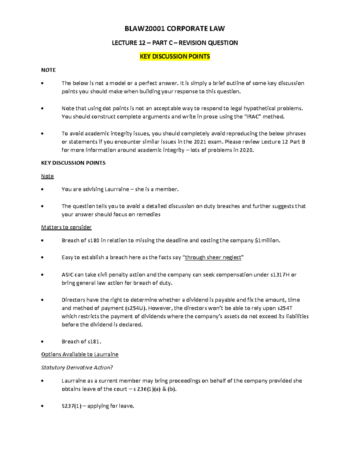 BLAW2000 1 Corporate Law 2021 - Revision Question - Discussion Points ...