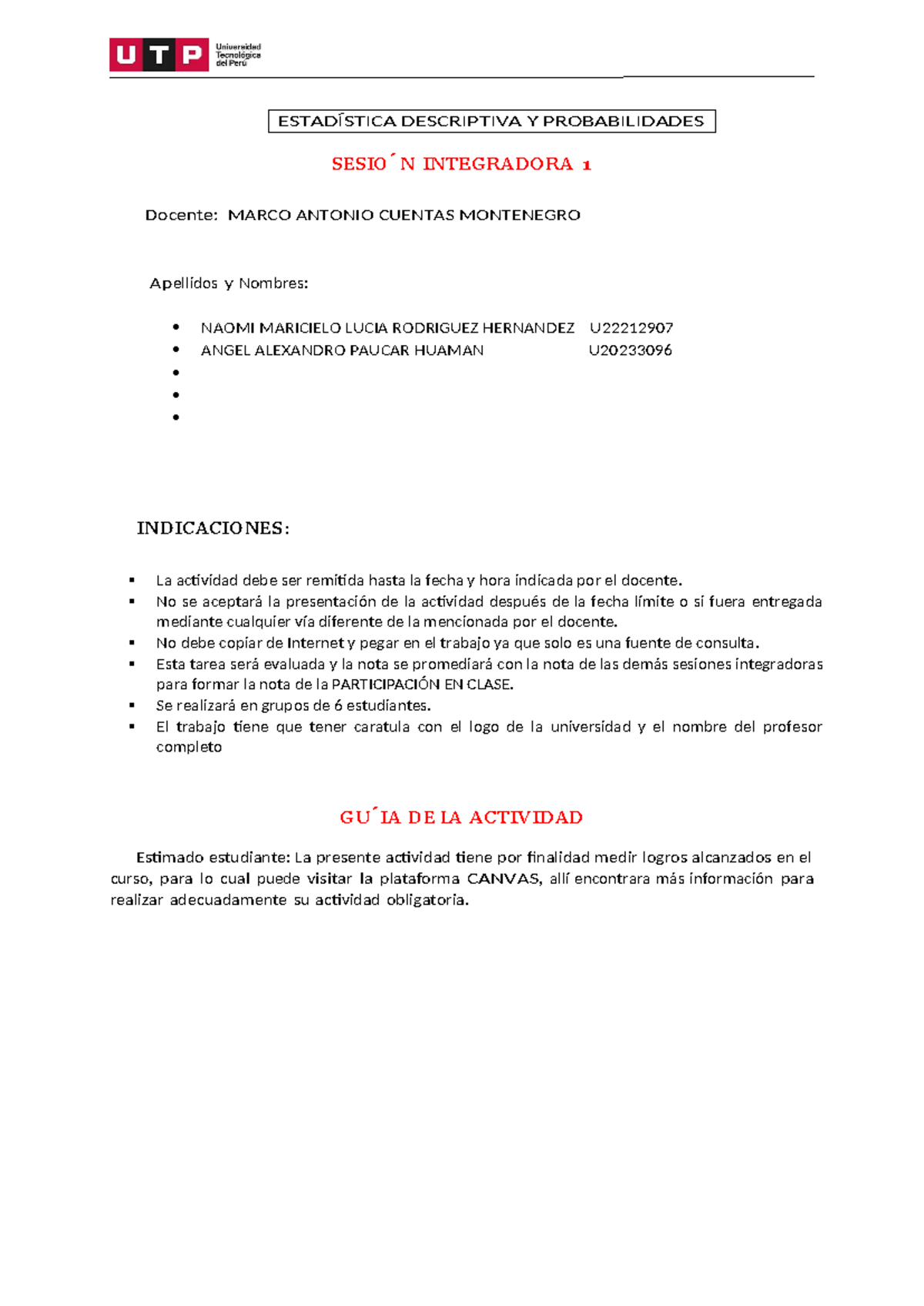 Sesión Integradora 1 - H88 H - SESI O ́ N INTEGRADORA 1 Docente: MARCO ...