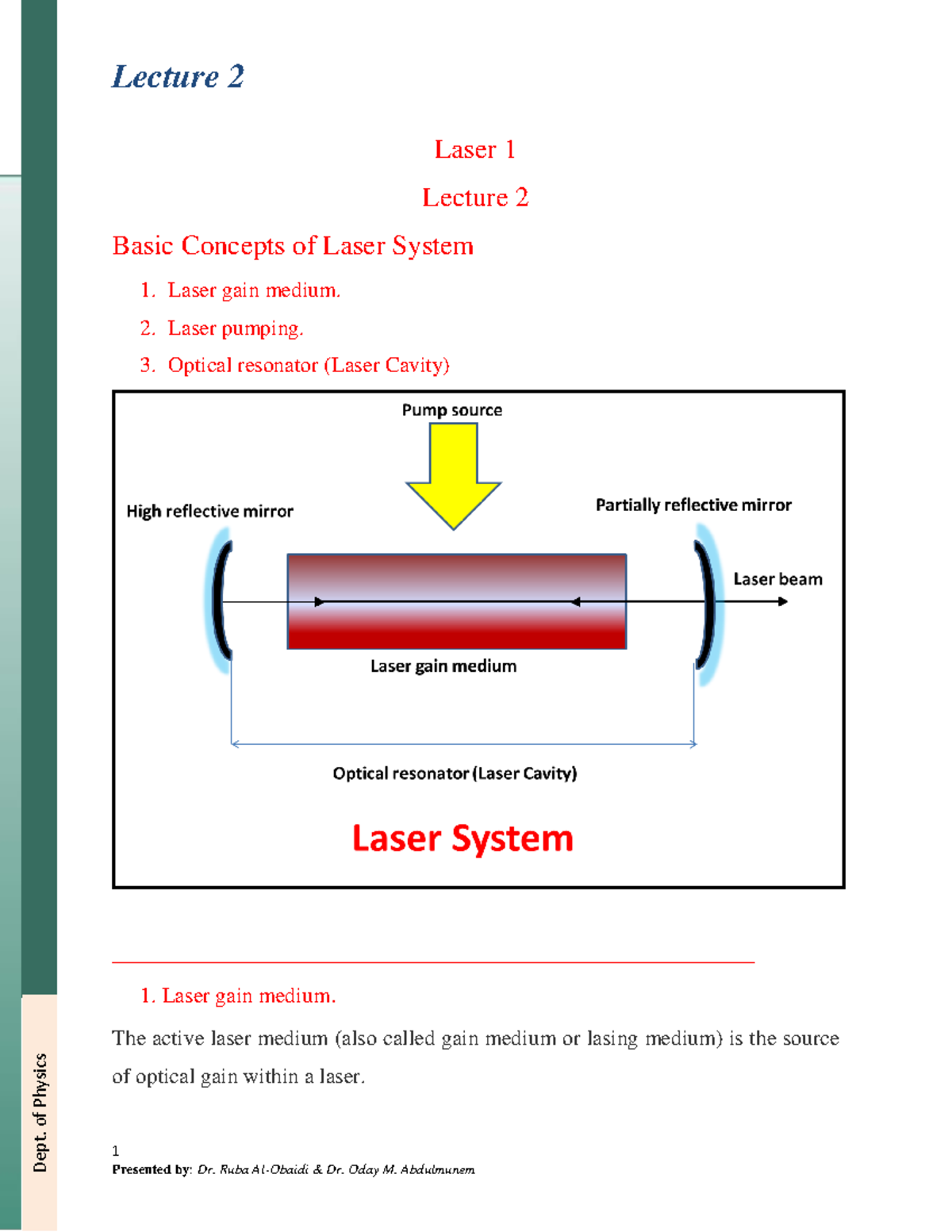 2021 Laser 1 Lecture 2 1 Laser 1 Lecture 2 Basic Concepts of Laser