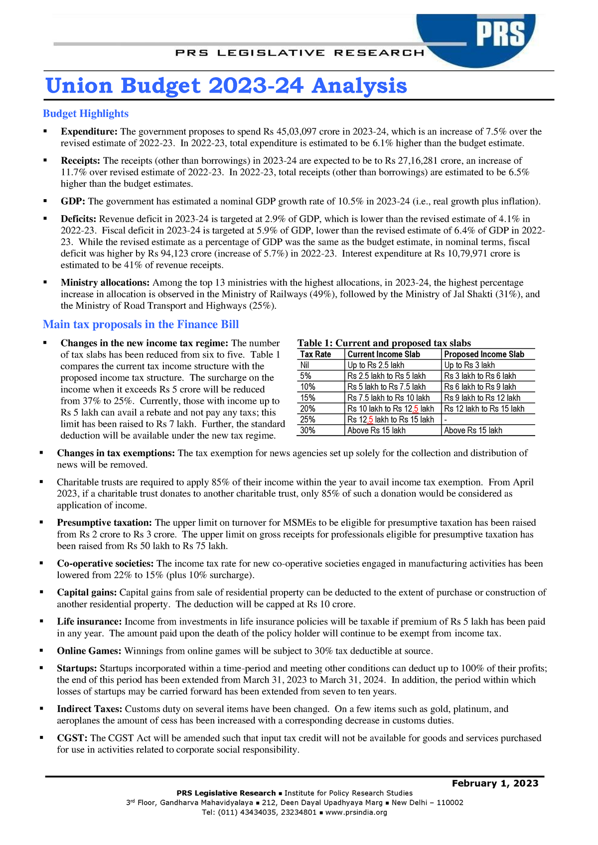 Union Budget Analysis-2023-24 - February 1, 2023 PRS Legislative ...