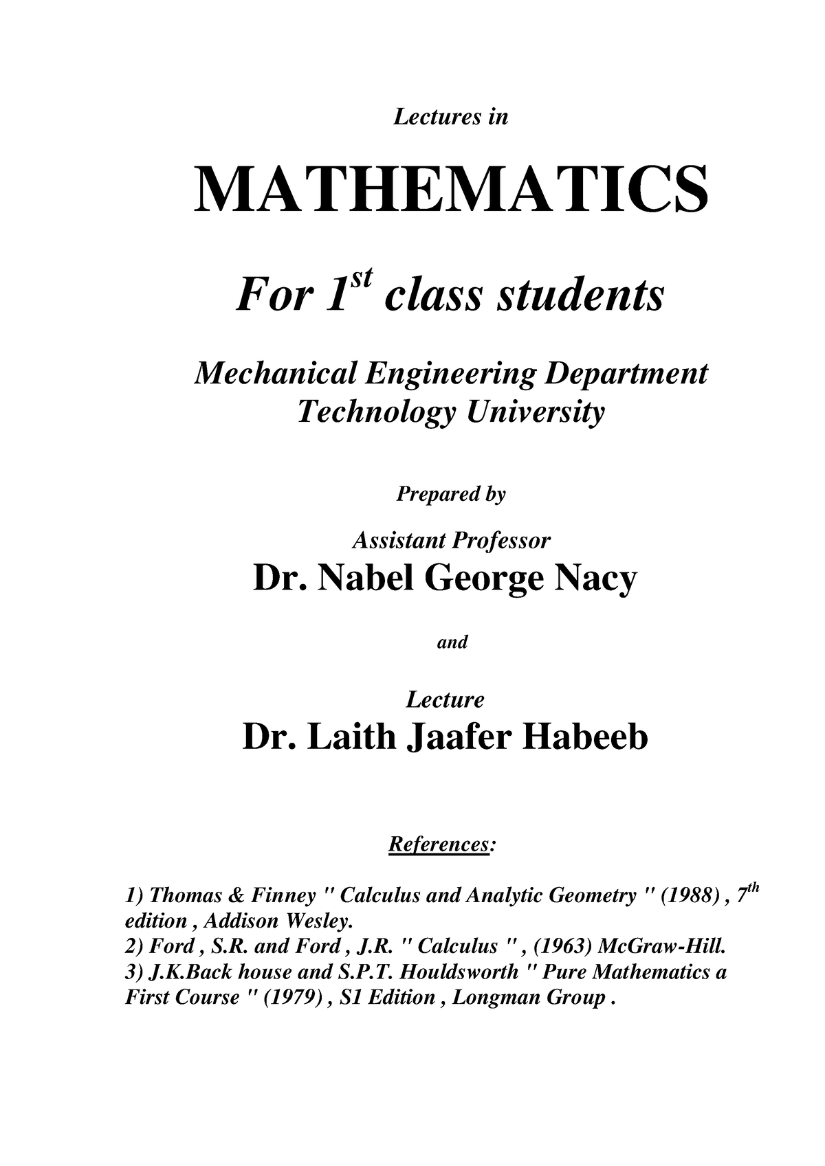 Mathematical I1 - Math - Lectures In MATHEMATICS For 1 St Class ...