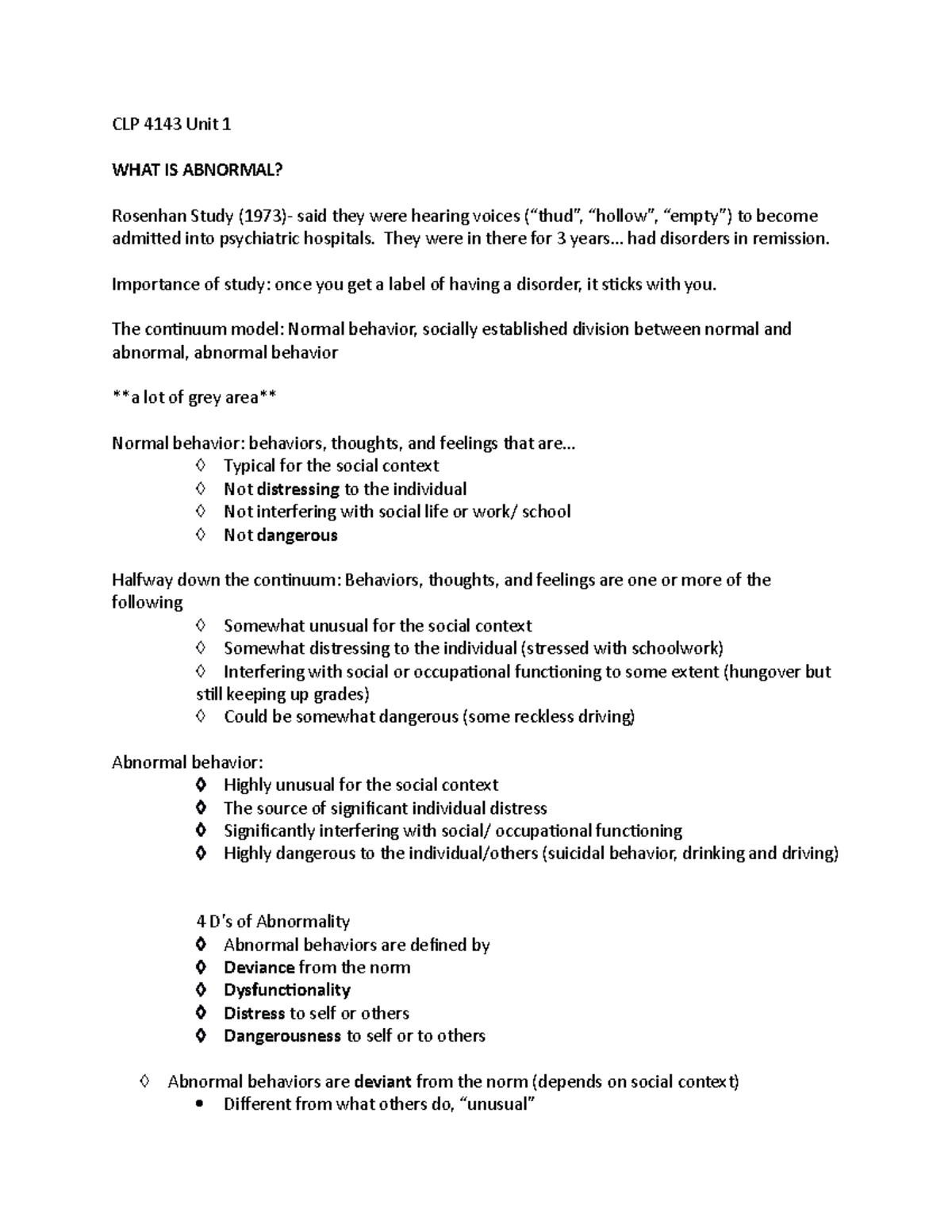 CLP 4143 Unit 1 Notes - CLP 4143 Unit 1 WHAT IS ABNORMAL? Rosenhan ...