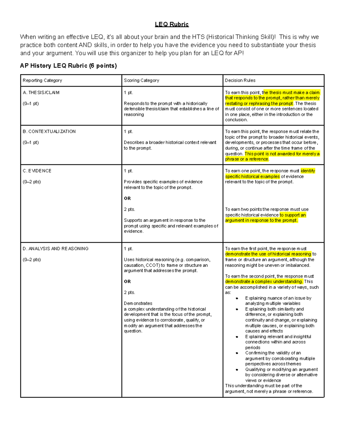 HELP With LEQ, DBQ, And SAQ LEQ Rubric When writing an effective LEQ