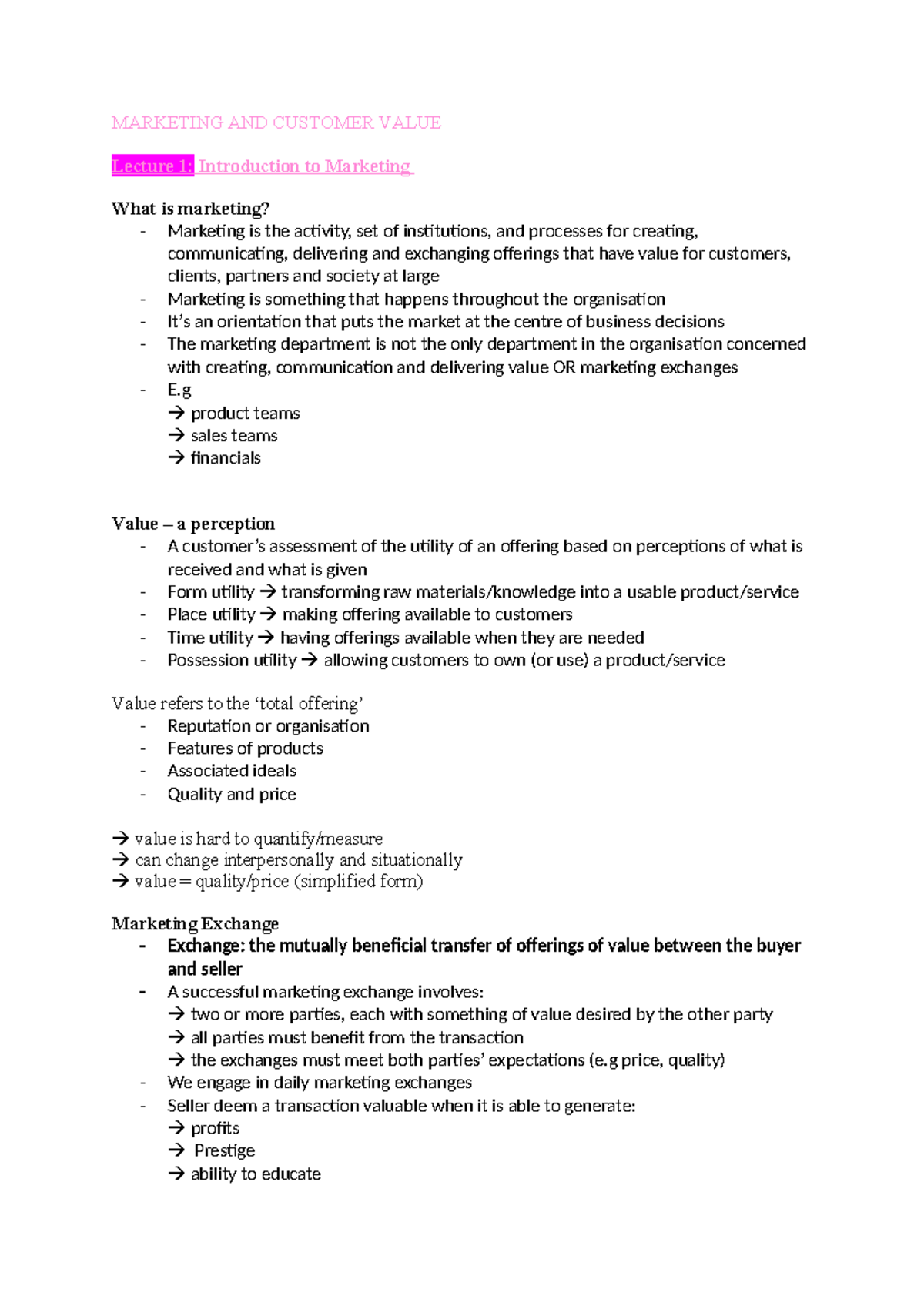 Marketing & cv Notes - MARKETING AND CUSTOMER VALUE Lecture 1 ...