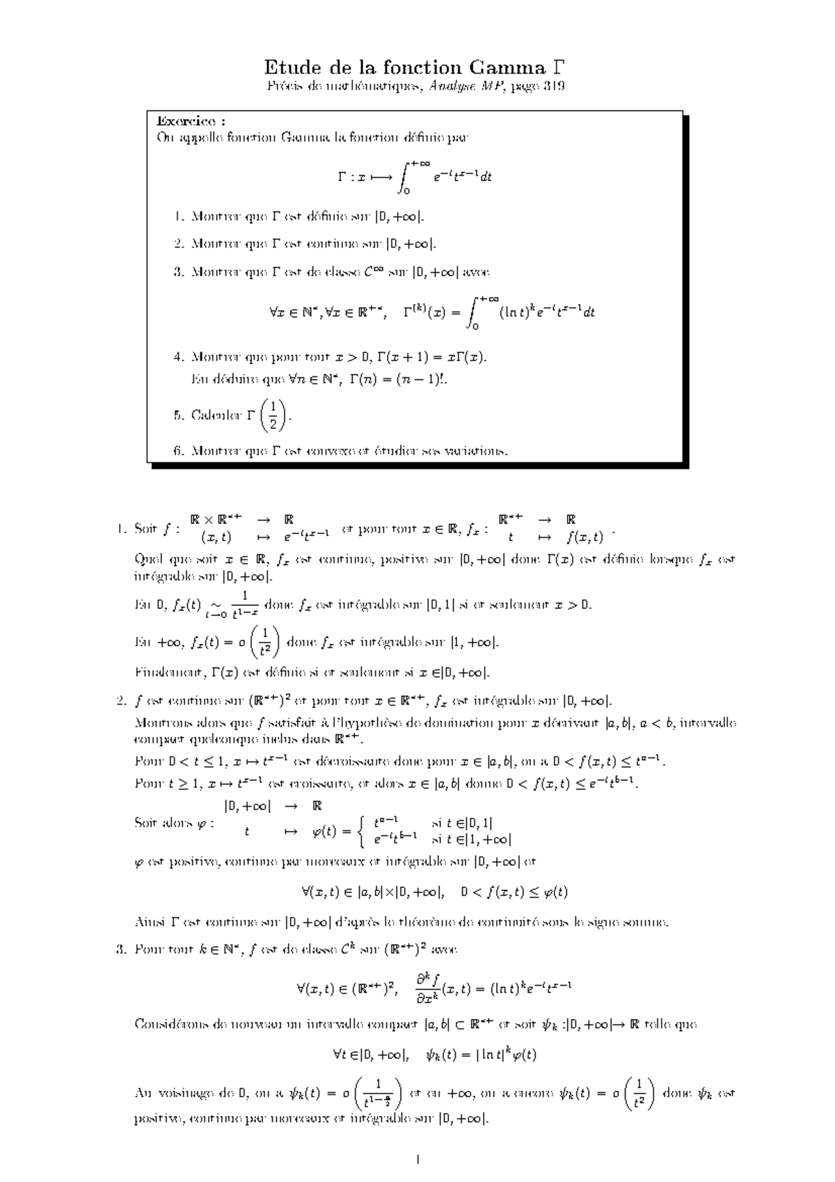 Etude Fonction Gamma - Analyse 6 - Etude de la fonction Gamma Γ Précis ...
