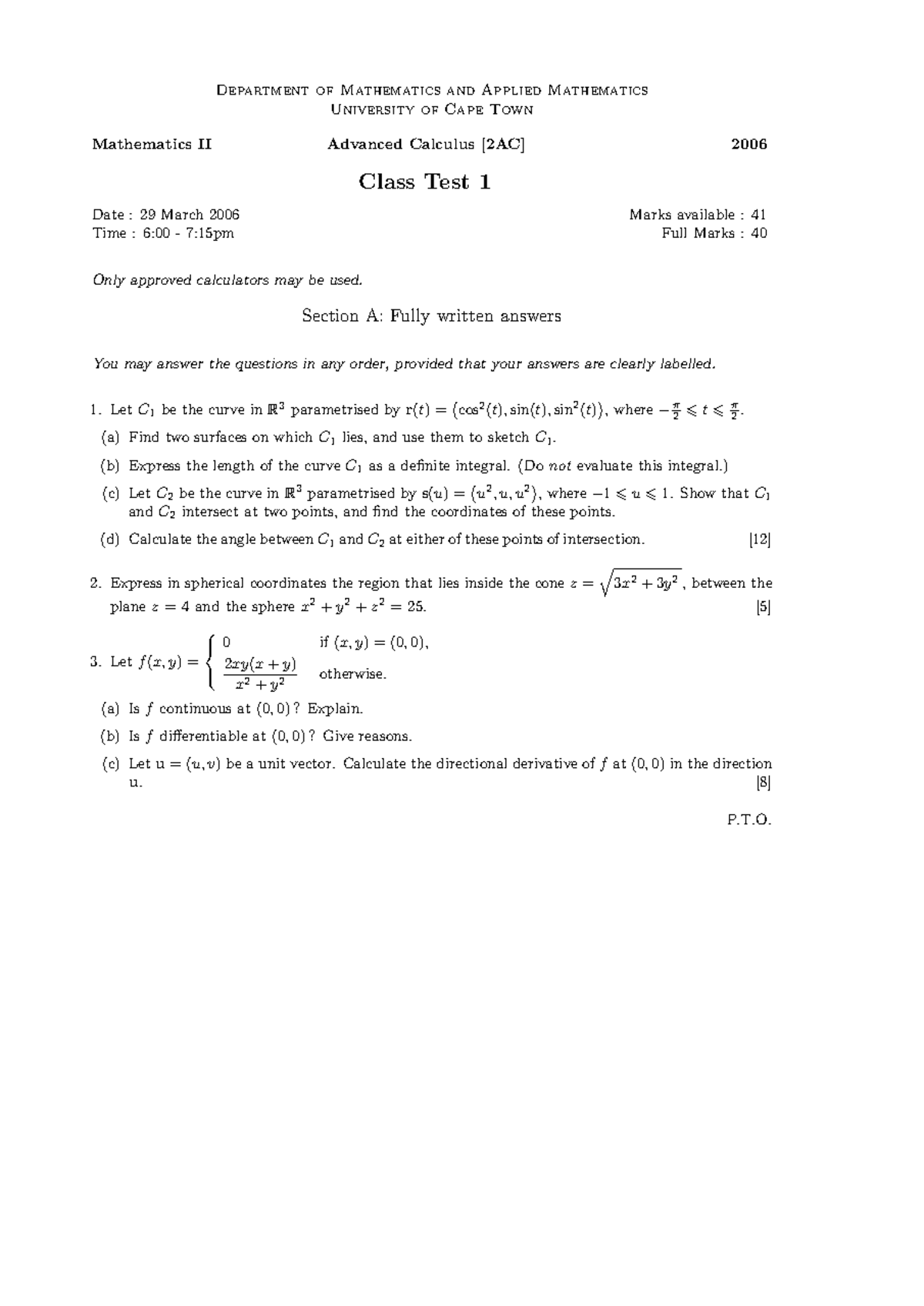 Test 1 2006 (with solutions) - Department of Mathematics and Applied ...
