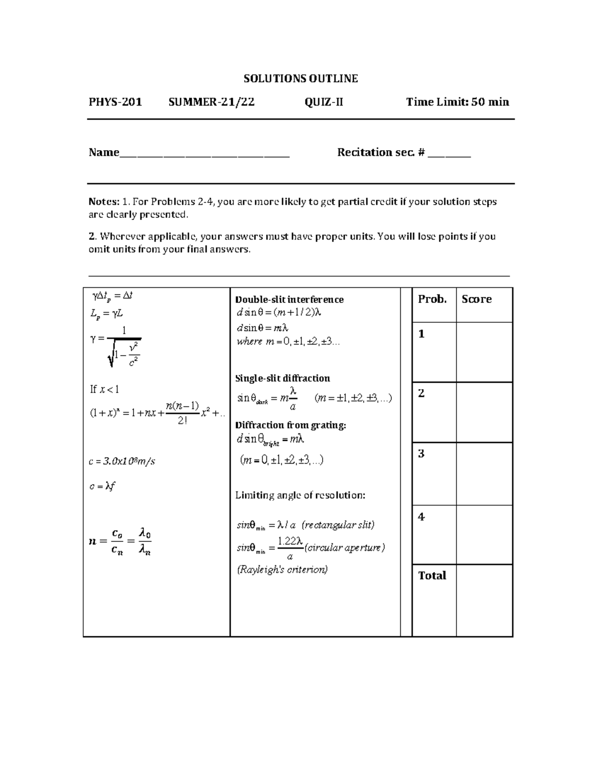 PHYS 201 SUM 21 22 Q II - Practice Past Examinations - SOLUTIONS ...