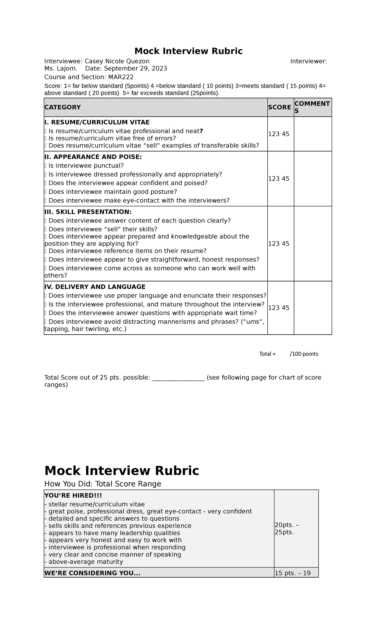 Mock Interview Rubric Hello Mock Interview Rubric Interviewee Casey Nicole Quezon 6111