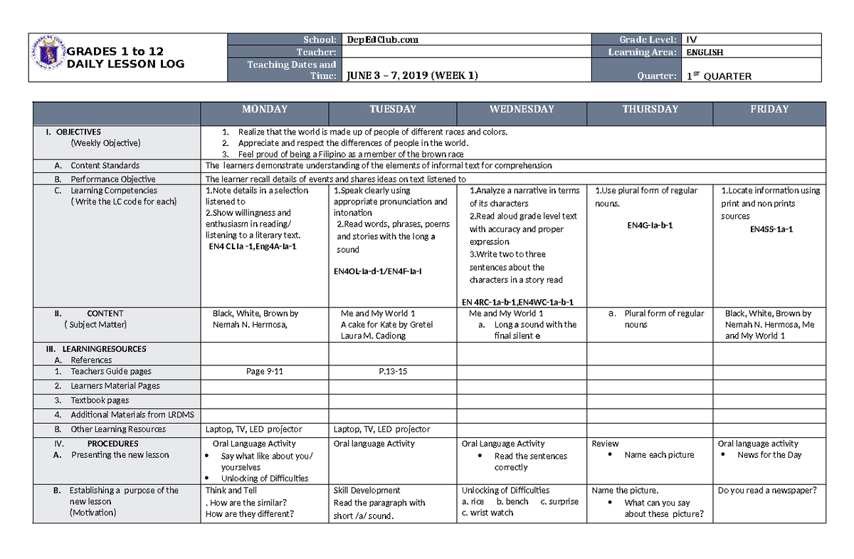 DLL English 4 Q1 W1 - Daily lesson log - GRADES 1 to 12 DAILY LESSON ...