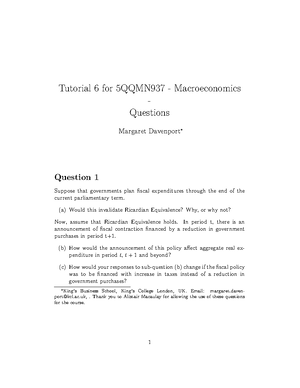 Tutorial 6 Fiscal policy solutions - Tutorial 6 for 5QQMN937 ...