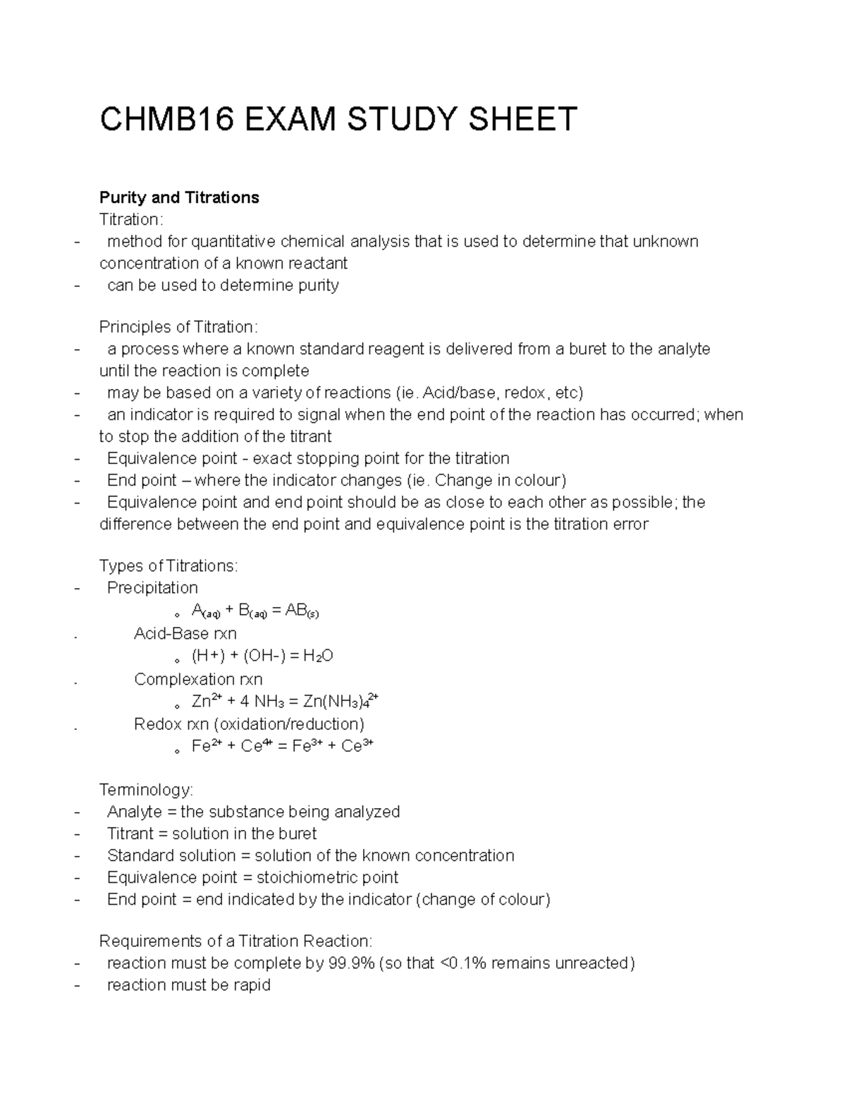 CHMB16 Exam Study Sheet - CHMB16 EXAM STUDY SHEET - Purity and ...