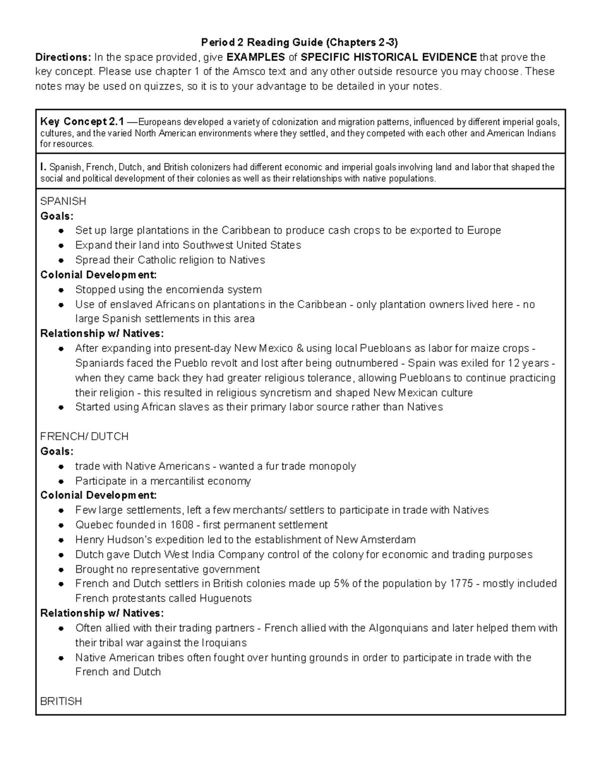 Period 2 notes APUSH - Period 2 Reading Guide (Chapters 2-3) Directions ...