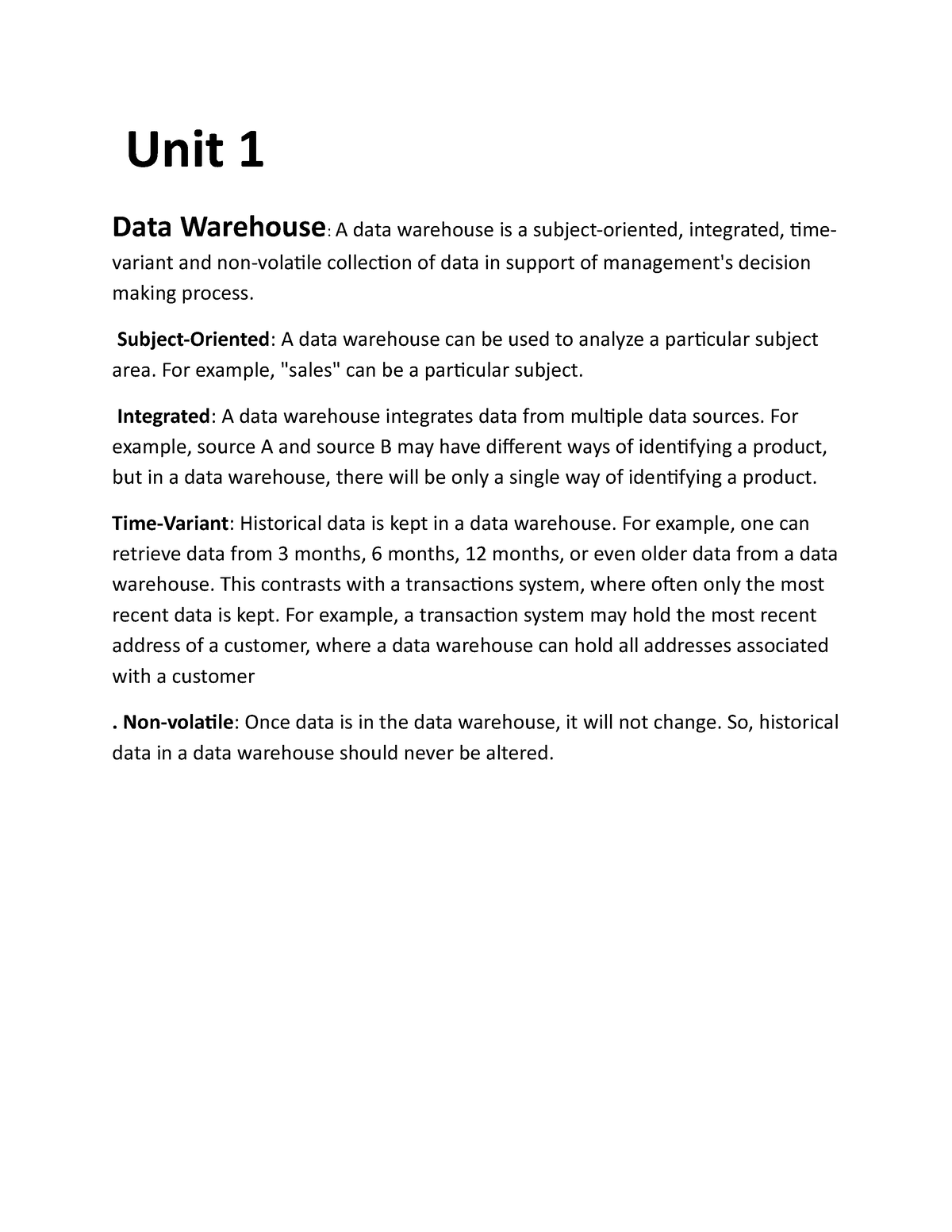 Unit 1 Dataware House - Good Notes - Unit 1 Data Warehouse: A Data ...