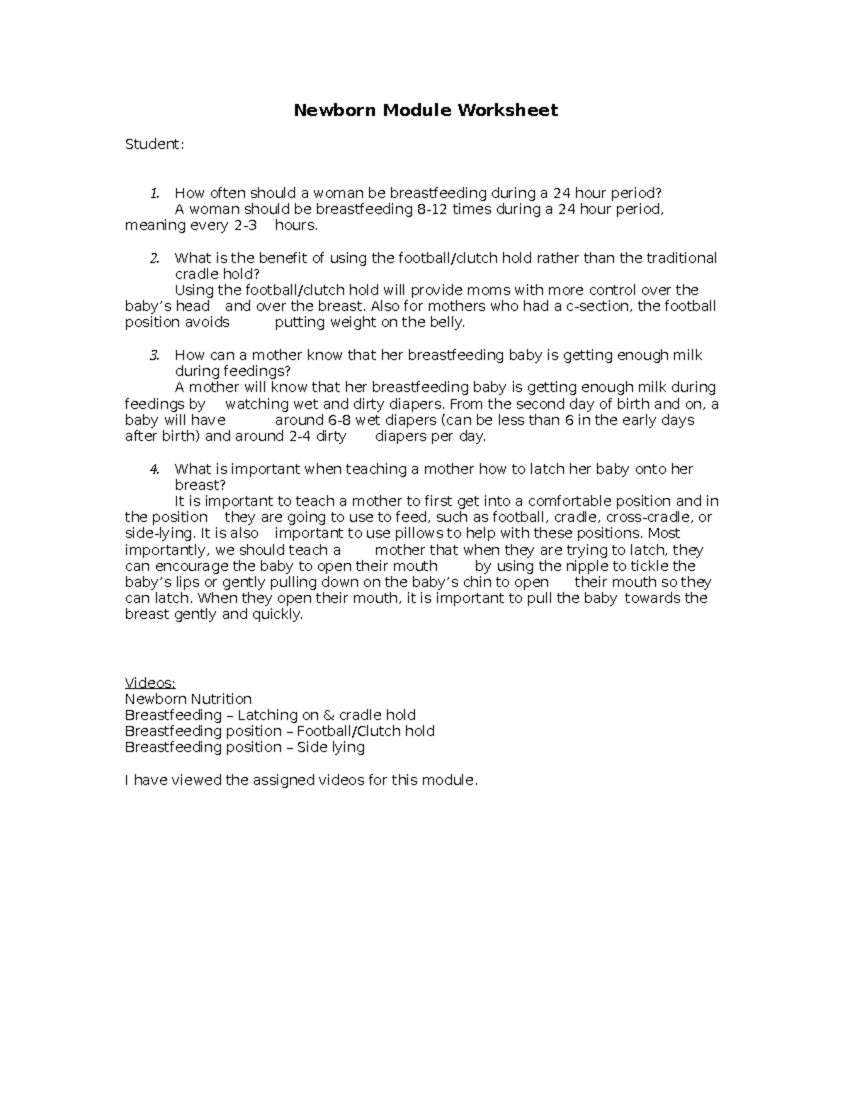 Newborn Module Worksheet - Newborn Module Worksheet Student: How often ...