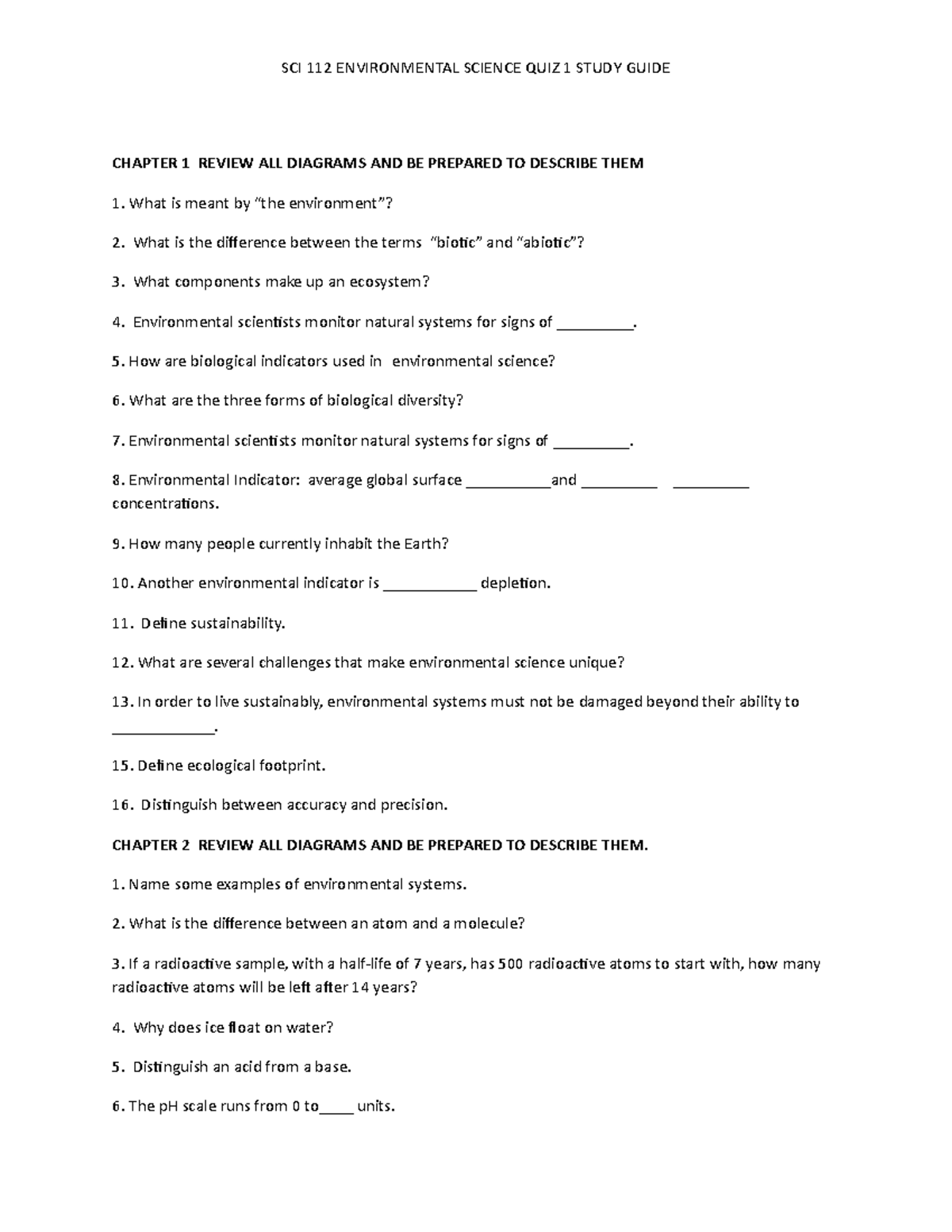 Study Guide QUIZ 1 Lecture - SCI 112 ENVIRONMENTAL SCIENCE QUIZ 1 STUDY ...