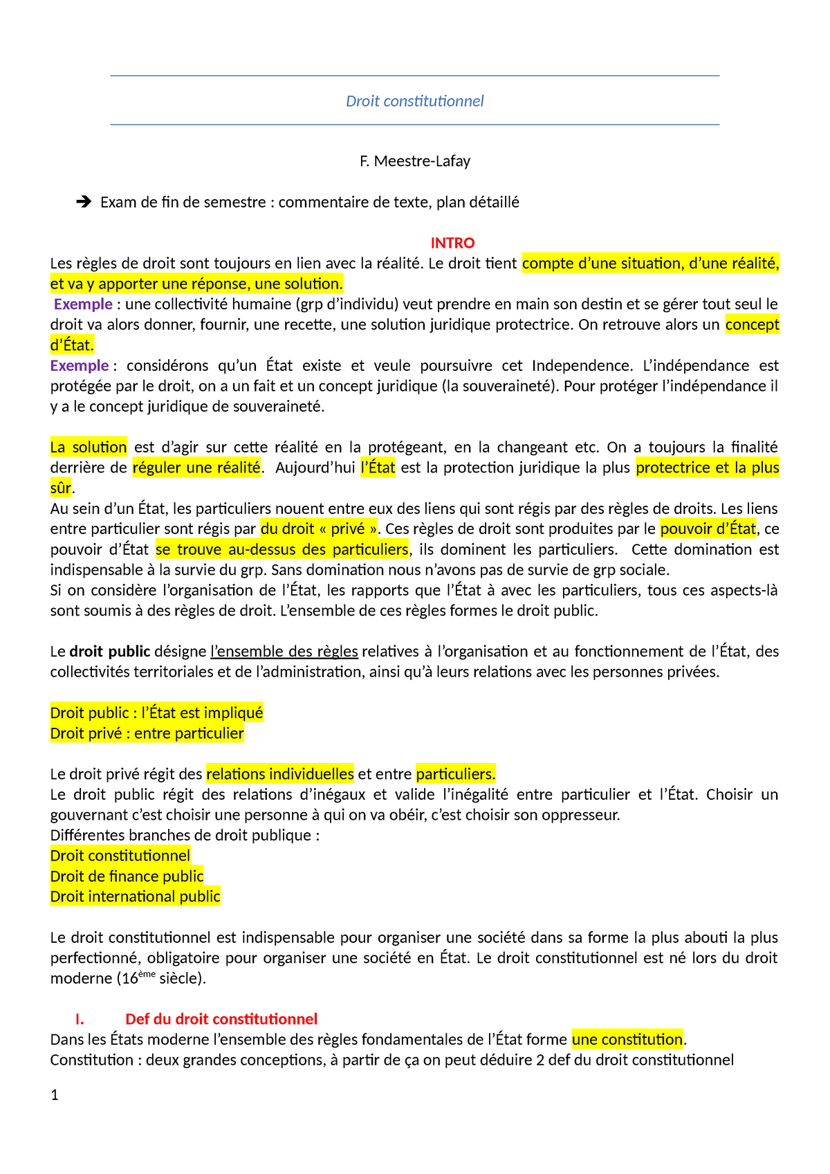 Droit Constitutionnel 1 Meestre Lafay Exam De Fin De Semestre Commentaire De Texte Plan