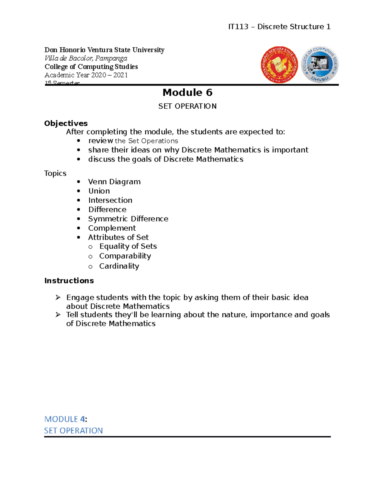 Module 6 - Set Operation In IT 113 - Module 6 SET OPERATION Objectives ...