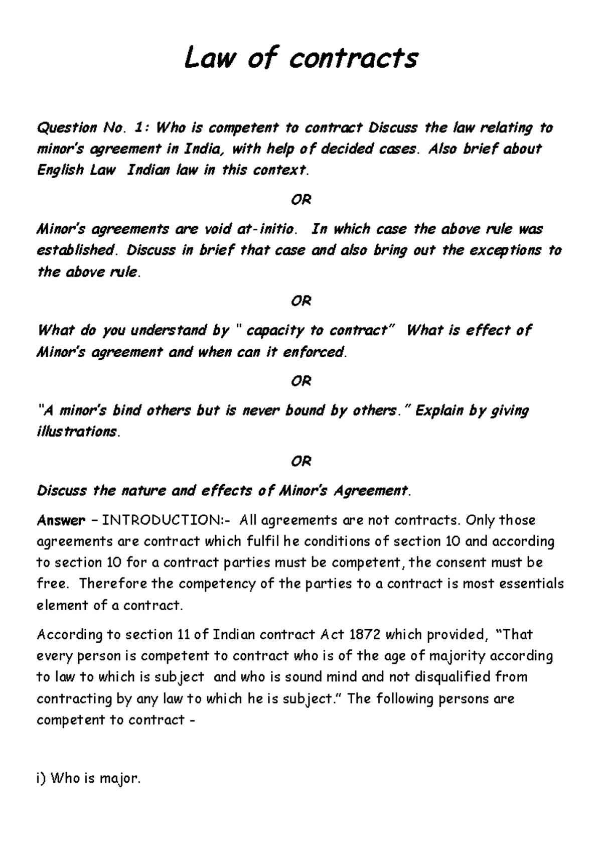 Law of contracts Law of contracts Question No. 1 Who is competent to