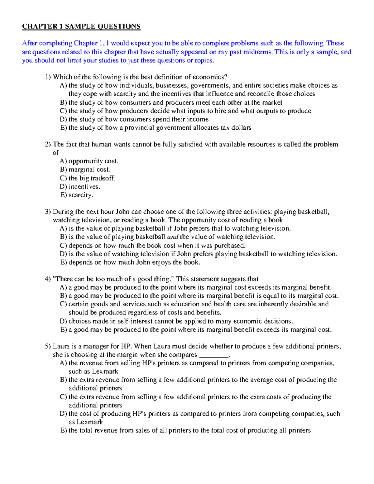 Ch1 - Econ Ch1 Practice Questions - CHAPTER 1 SAMPLE QUESTIONS After ...