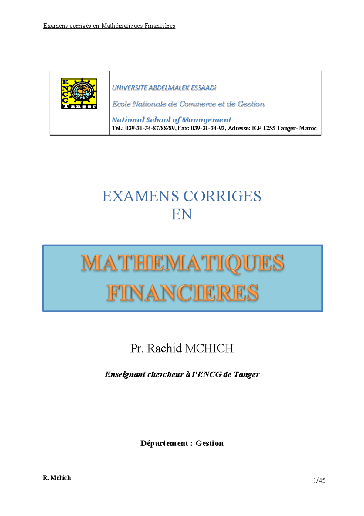 Exams Corr-MF - Examens Corrigés De Maths.financières - UNIVERSITE ...