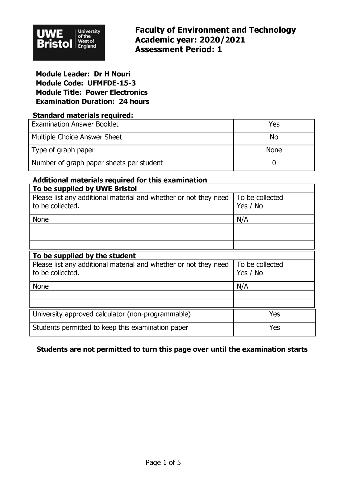 Exam 2020-21 - Exam 2020-21 - Faculty of Environment and Technology ...