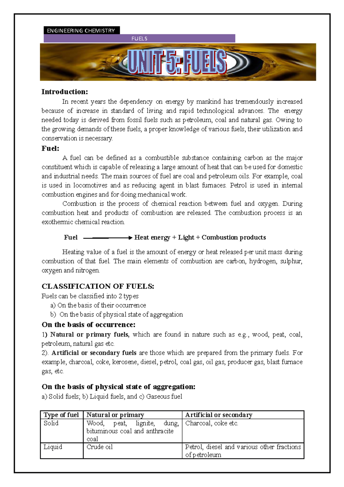 Unit 5 Fuels ENGINEERING CHEMISTRY FUELS Introduction In recent