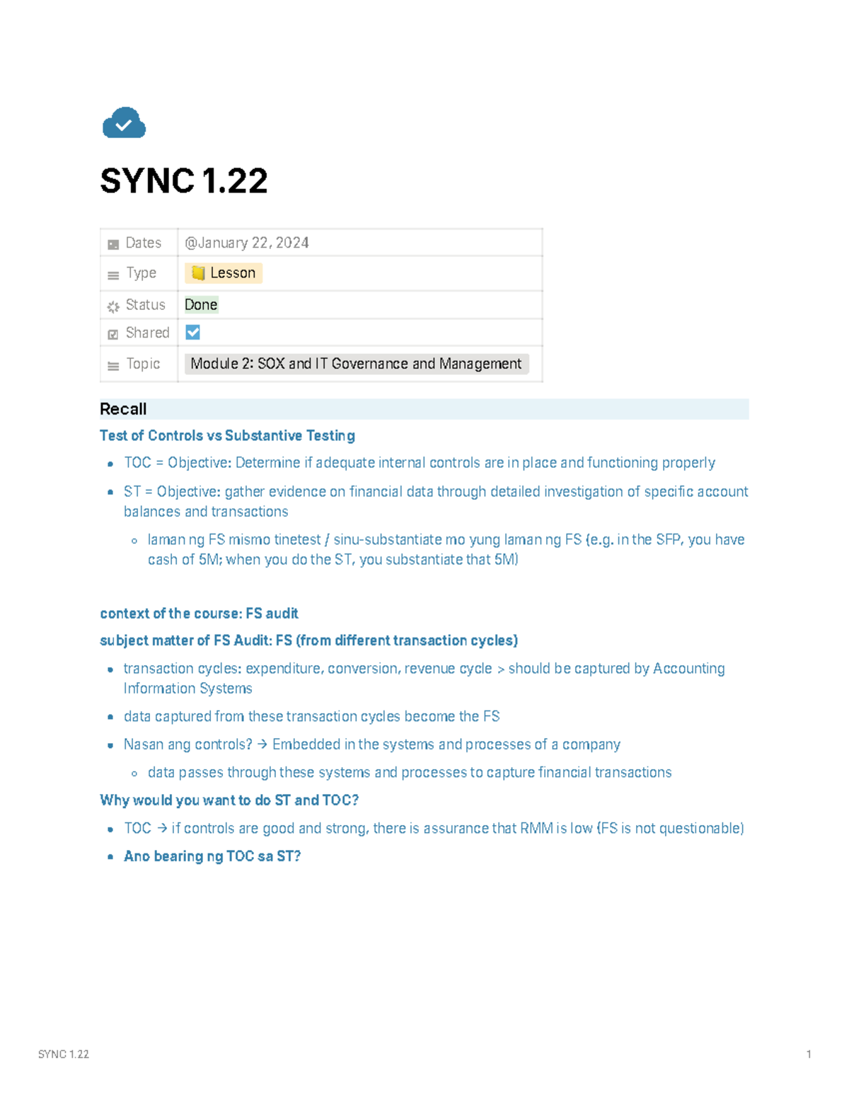 Overview of SOX Sections 302 & 304 - SYNC 1. Dates Type 📒 Lesson Status ...