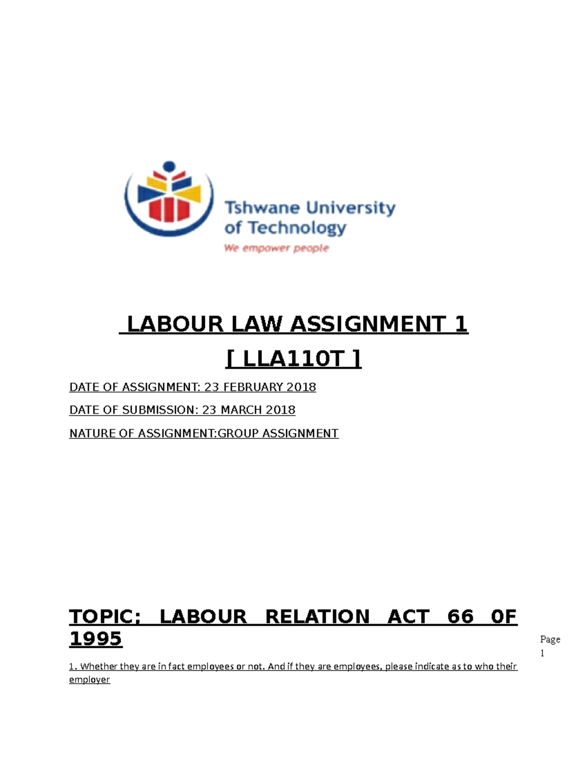 assignment of labour legislation