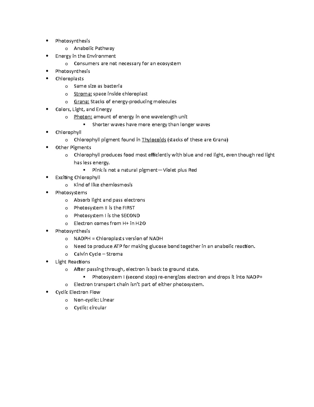 Photosynthesis Notes - Photosynthesis o Anabolic Pathway Energy in the ...