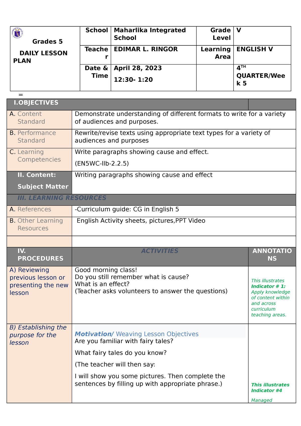 Exemplar- Lesson-PLAn-by- Edimar L. Ringor - Grades 5 DAILY LESSON PLAN ...