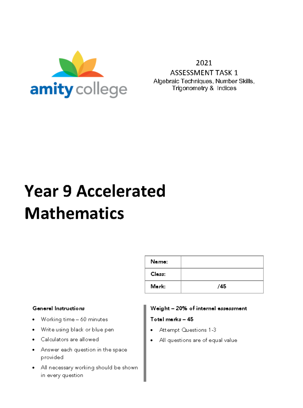 2021 9ACC MAT Task 01 Solutions - 2021 ASSESSMENT TASK 1 Algebraic ...
