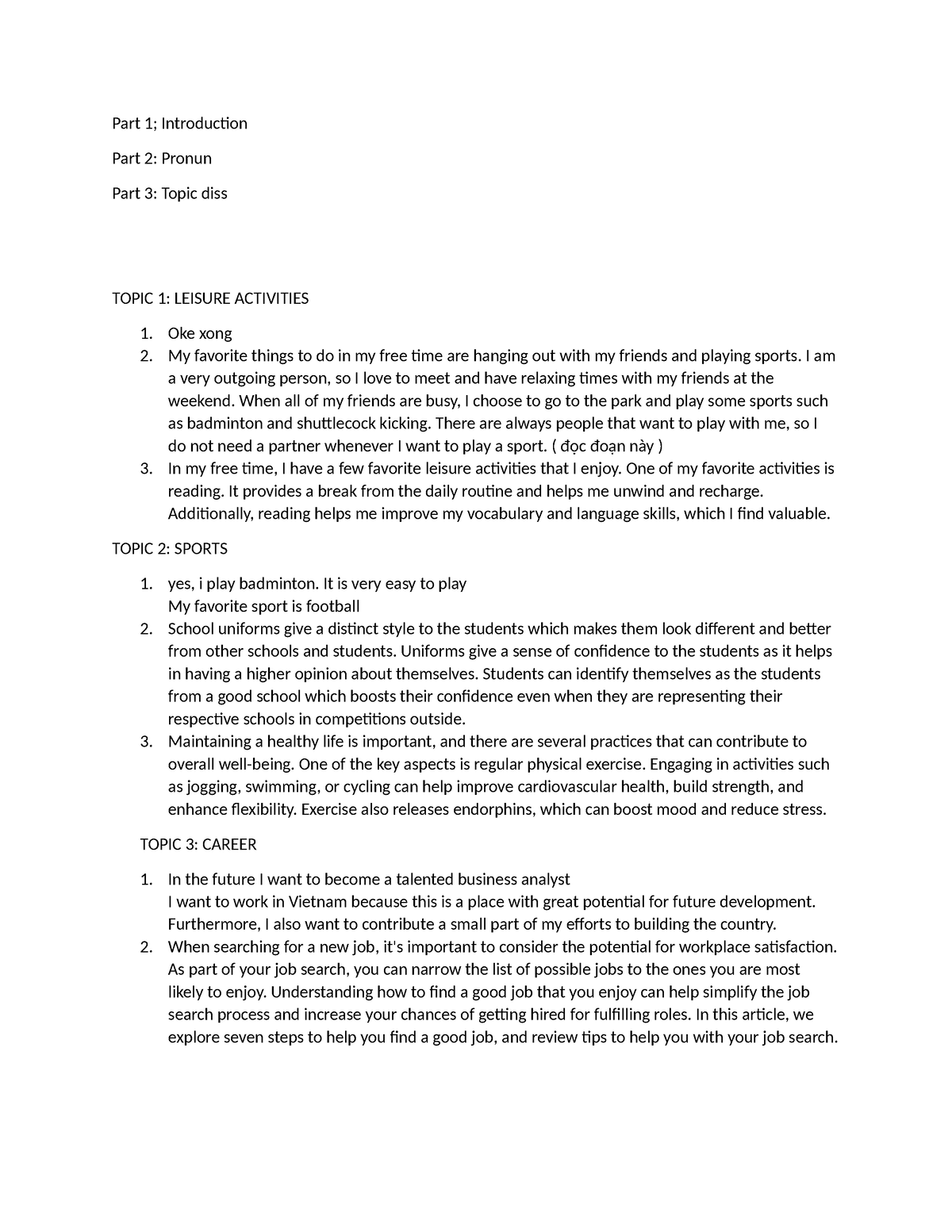 Speaking - ácdsad - Part 1; Introduction Part 2: Pronun Part 3: Topic ...