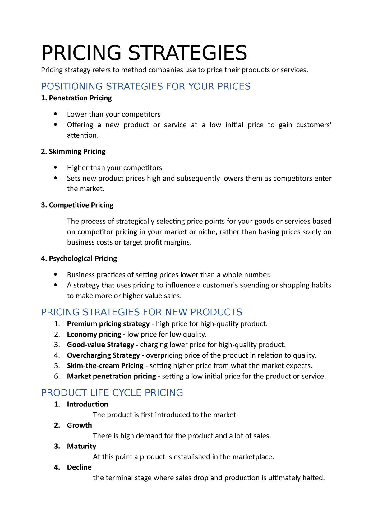 term paper on pricing strategies