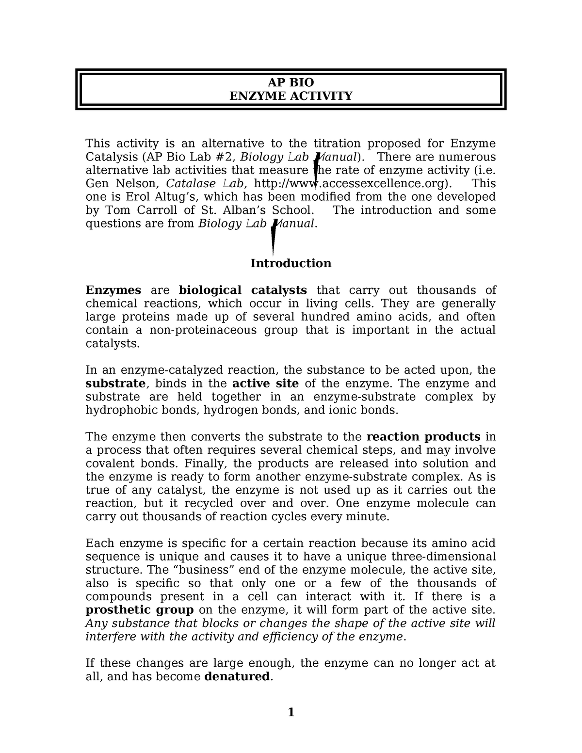 Ap bio enzyme Catalase Lab AP - AP BIO ENZYME ACTIVITY This activity is ...