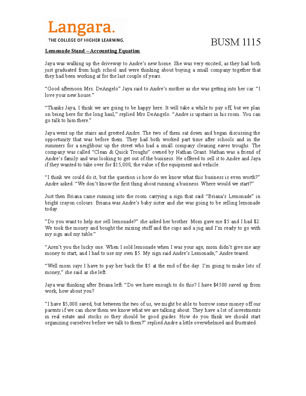 Accounting Equation Students BUSM 1115 Lemonade Stand Accounting