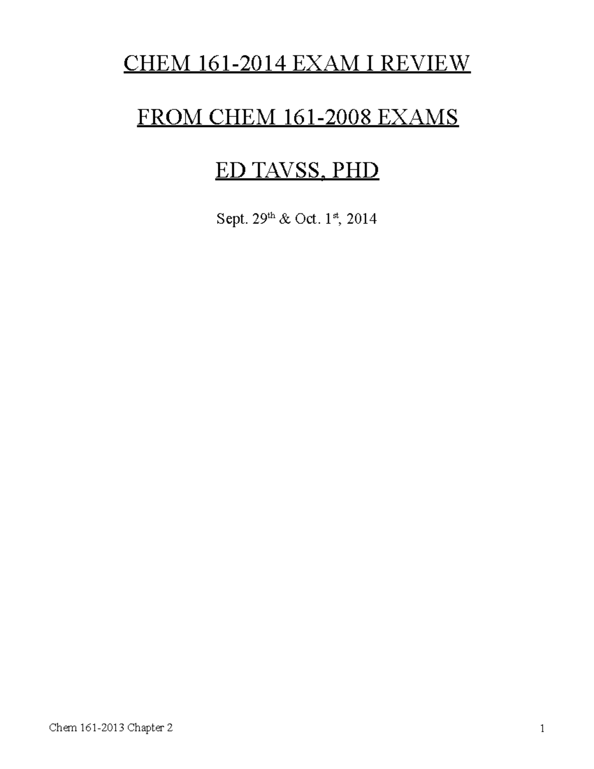 Chem 161-2014 Exam I Review Session Notes - CHEM 161-2014 EXAM I REVIEW ...