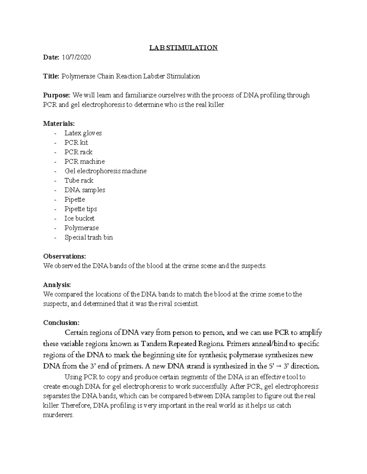 Polymerase Chain Reaction Labster - Materials: - Latex Gloves - Pcr Kit 