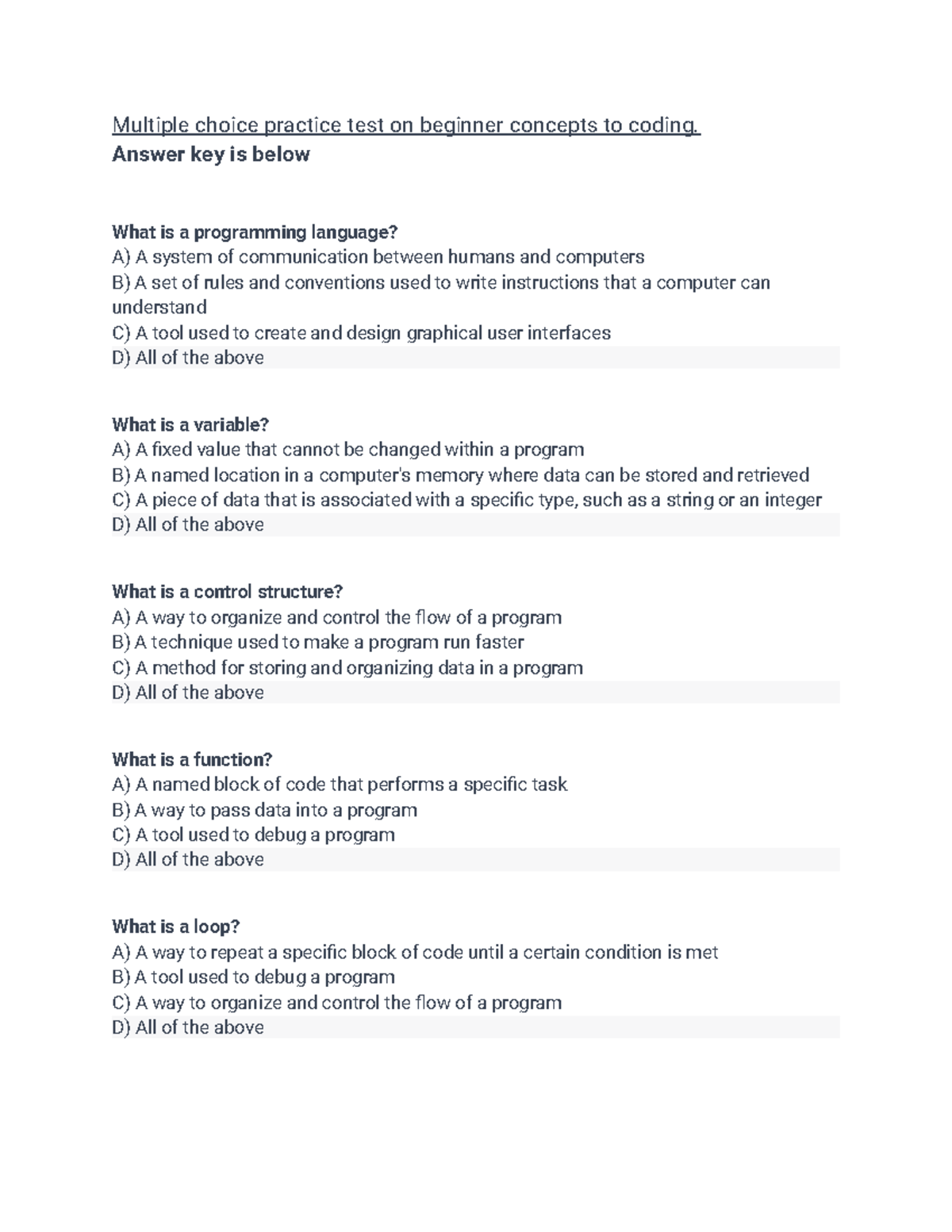 Practice Intro to programming pt 1 - Multiple choice practice test on ...