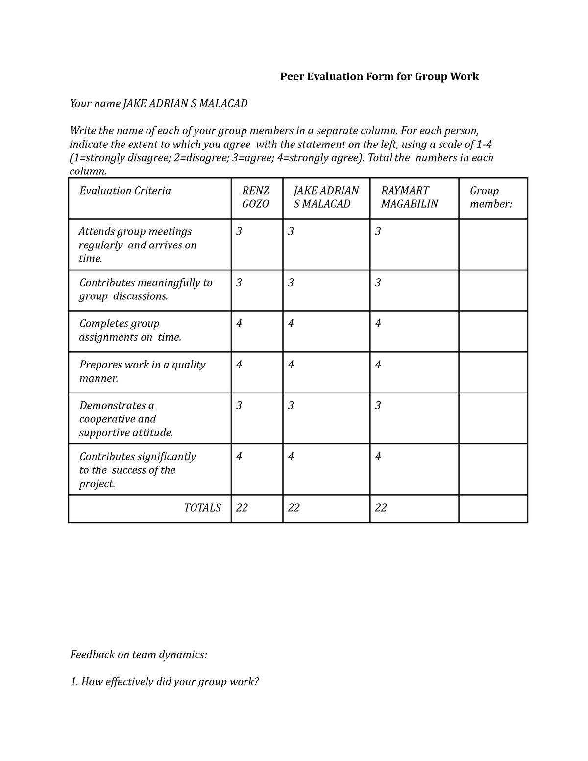 Peer Evaluation Form For Group Work - For Each Person, Indicate The ...