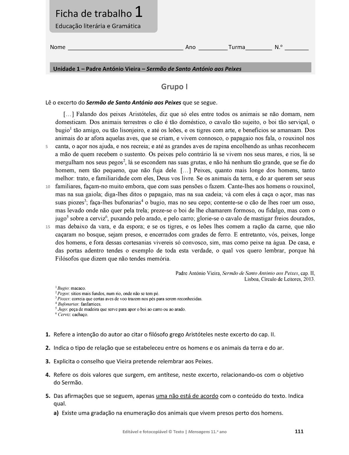 Padre António Vieira - Fichas de gramática , de educação literária e  apontamentos - Ficha - Studocu