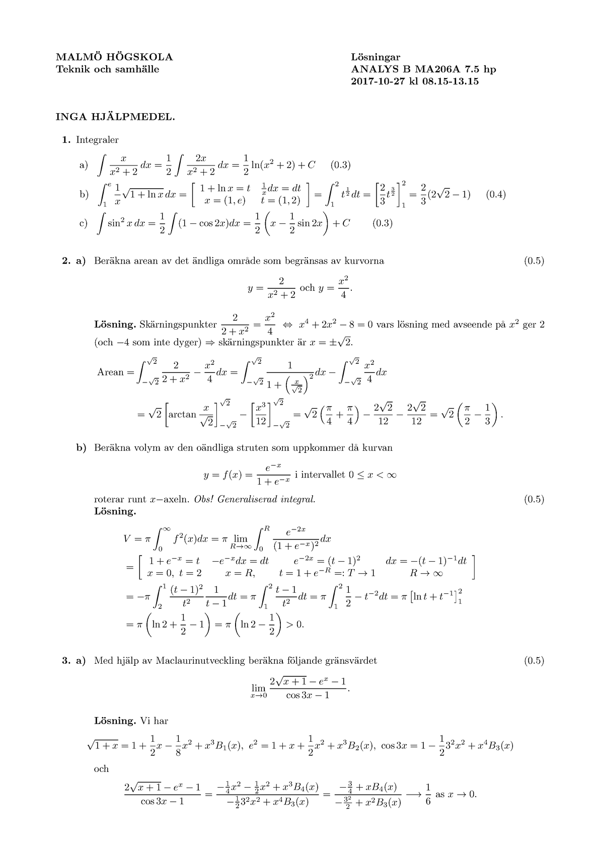 Tent Analys B MA206A 2017 10 27 L - MALMÖ HÖGSKOLA Lösningar Teknik Och ...